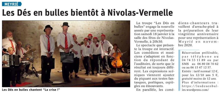 Article Les Des en Bulles bientot a Nivolas Dauphine Libere du 09 Janvier 2020